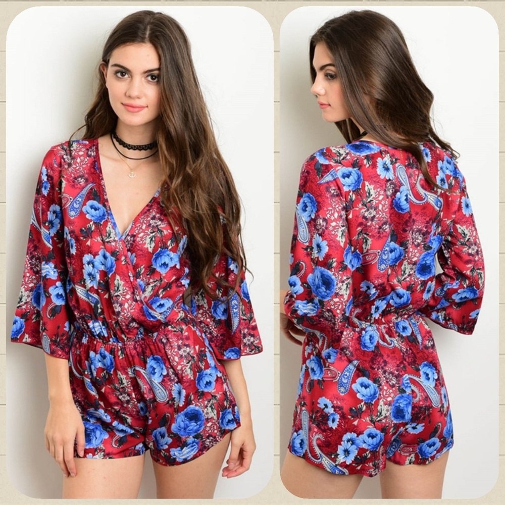 BURGUNDY BLUE FLOWERS ROMPER